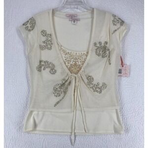 Intuitions Cap Sleeve T Shirt w Cropped Sweater Set Size L Embellished Ivory NWT